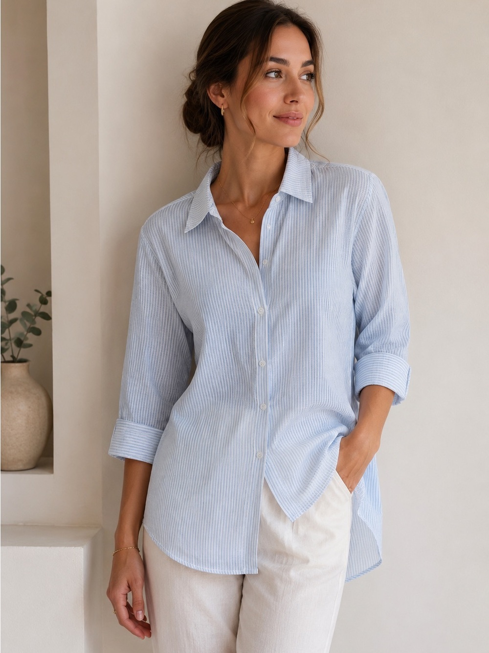 HARSHMAN “Alana” Linen Shirt – Light Blue Mini Stripes NWT Size M • 100% Linen